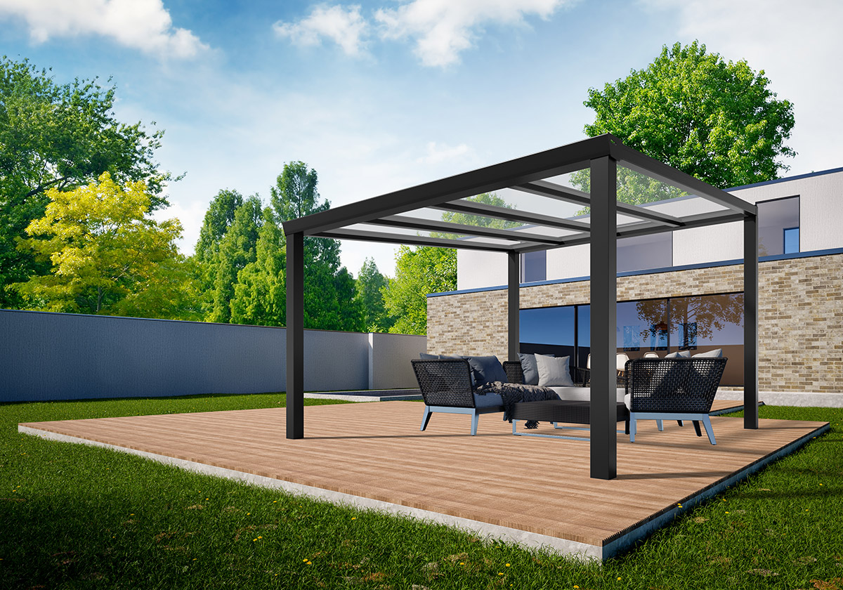Freistehendes AluTerrassendach (2000x3000 mm) mit Glas und in 3 Farben