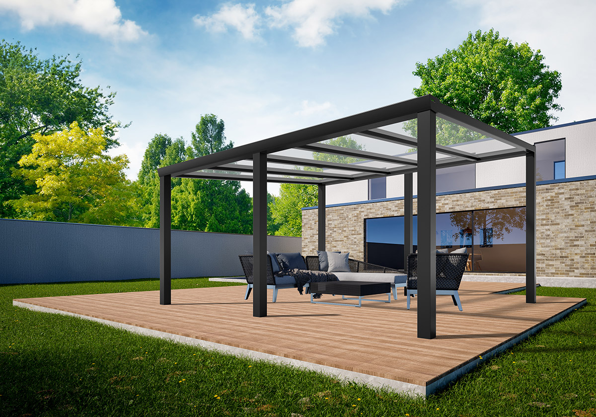 Freistehendes Alu-Terrassendach (4000x4000 mm) mit Glas und in 3 Farben ...